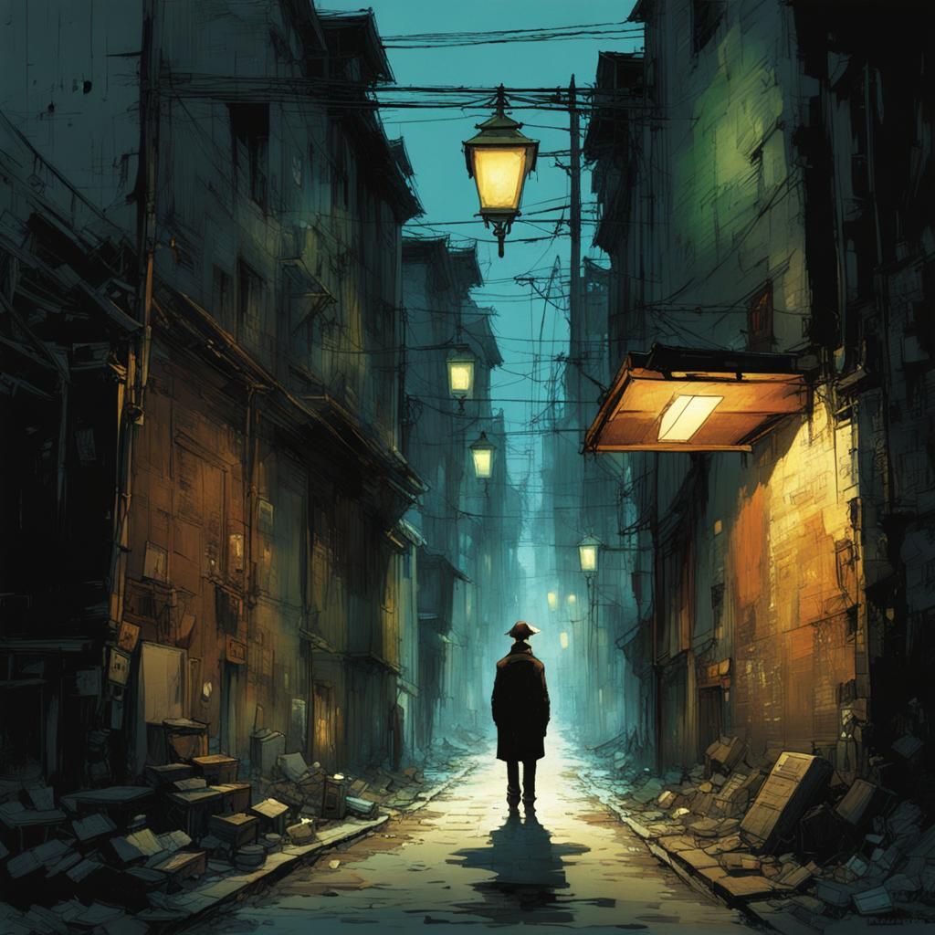 Mysterious Figure in Dark Alleyway by Street Lamp