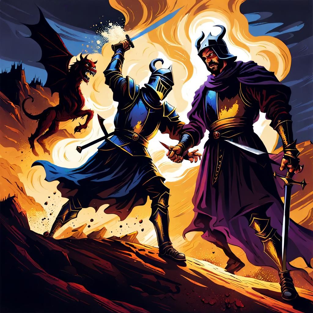 Knight Confronts Devil in Dark Fantasy Illustration