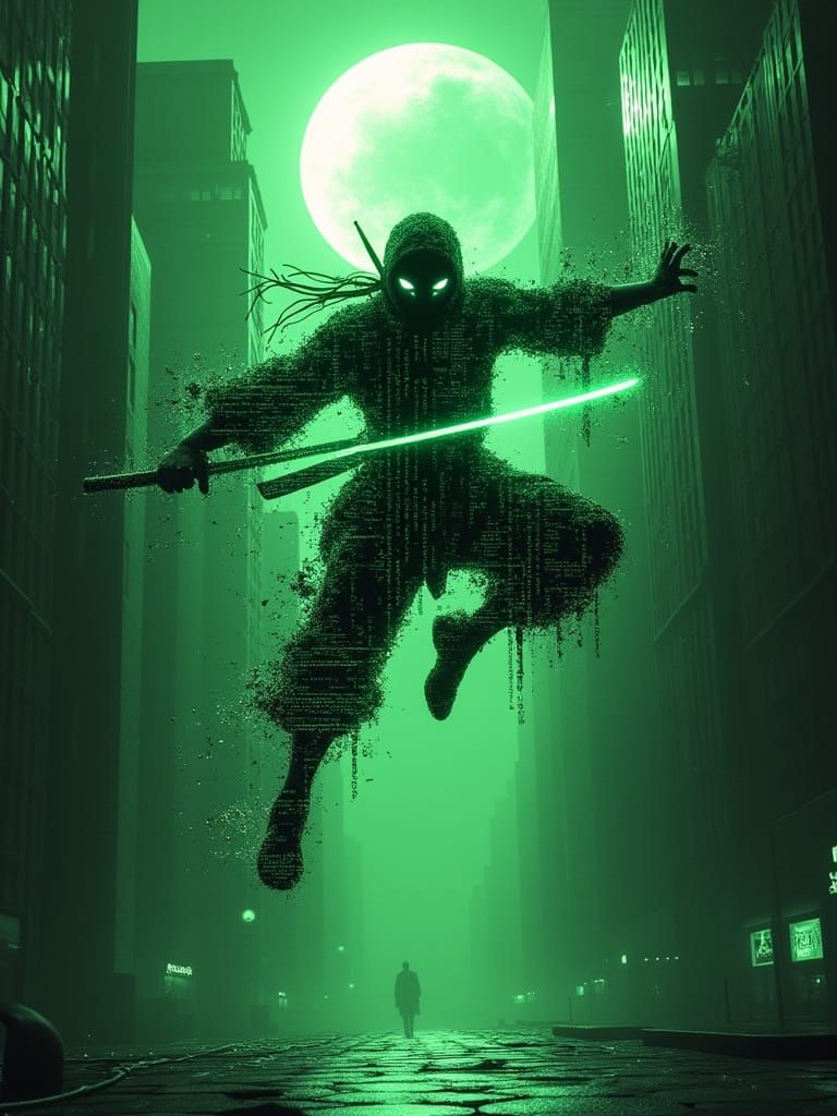 Cyber-Ninja Leaps Through Dystopian Neo-Edo Cityscape in Gli...