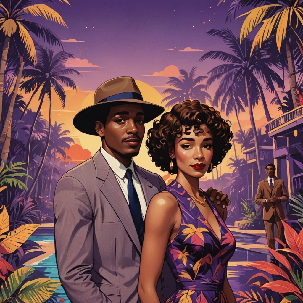 Retro Album Cover with Tropical Scene in Pop Art Style