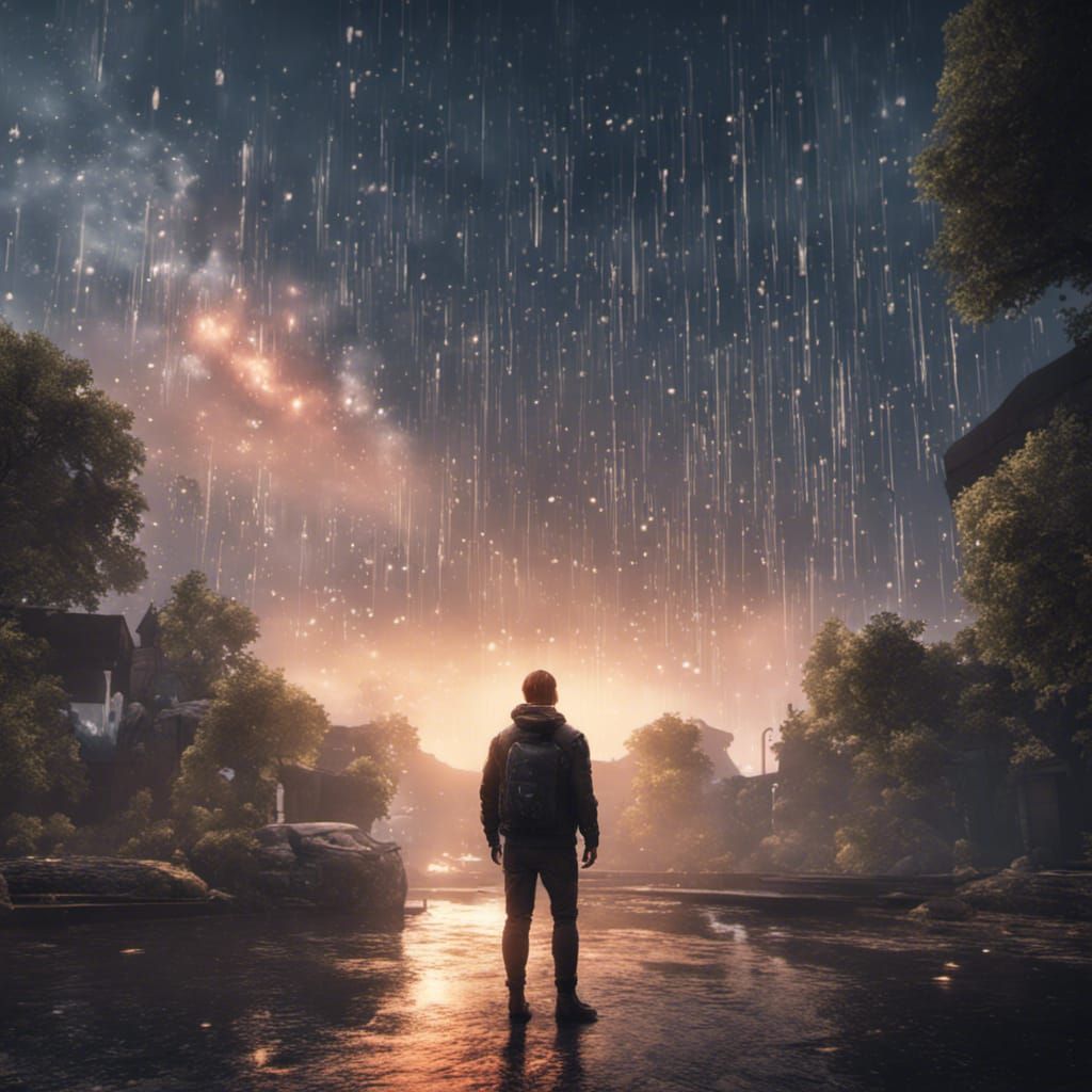 Man Watches Space Rain in 3D Game Cinematic Style