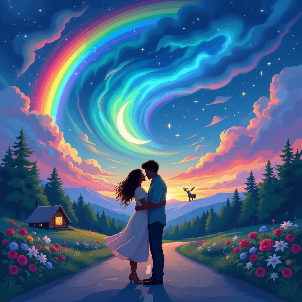Couple Embracing Under Rainbow Storm in Fantasy Forest