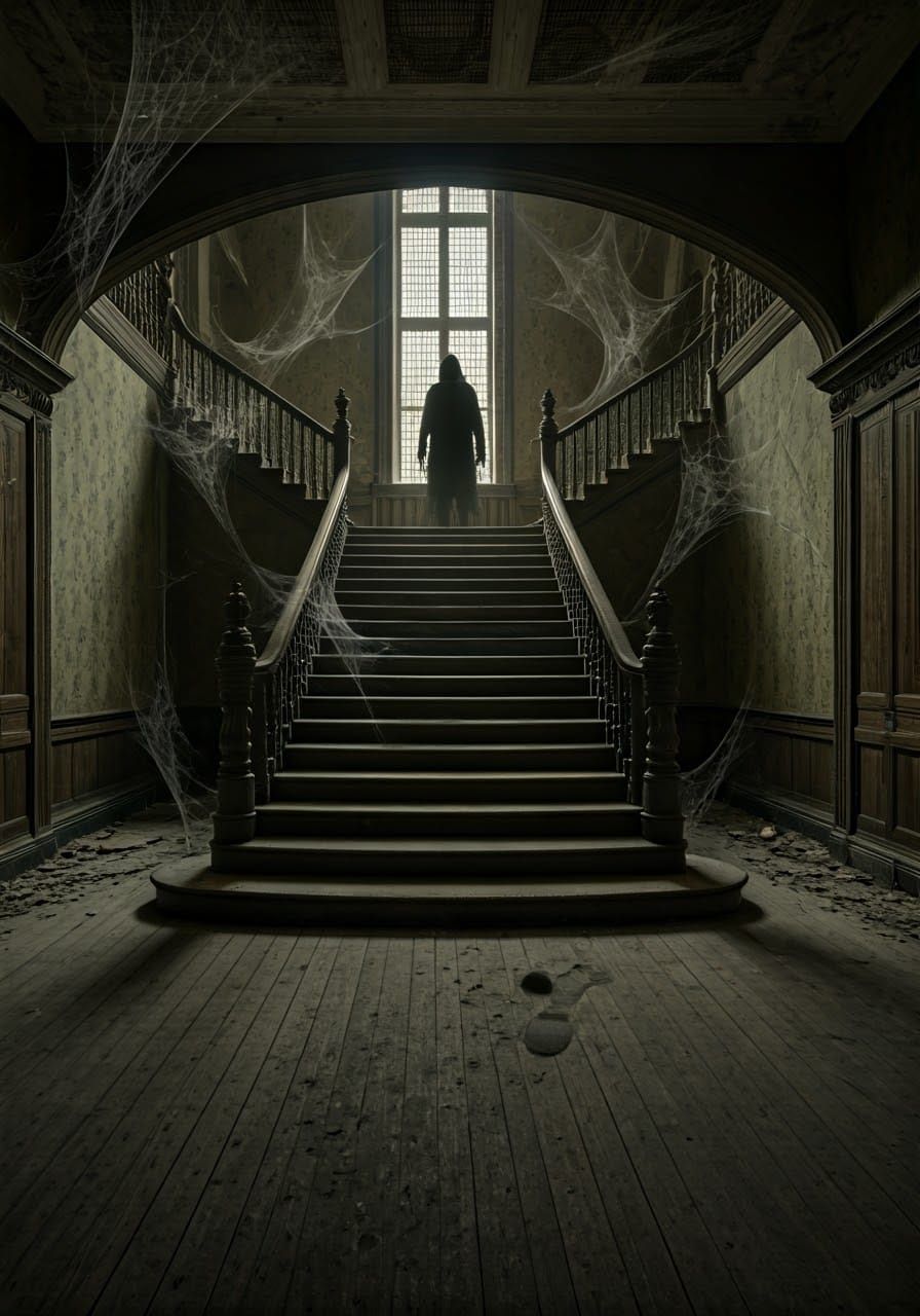 An old decrepit grand art deco foyer with a sweeping stairca...