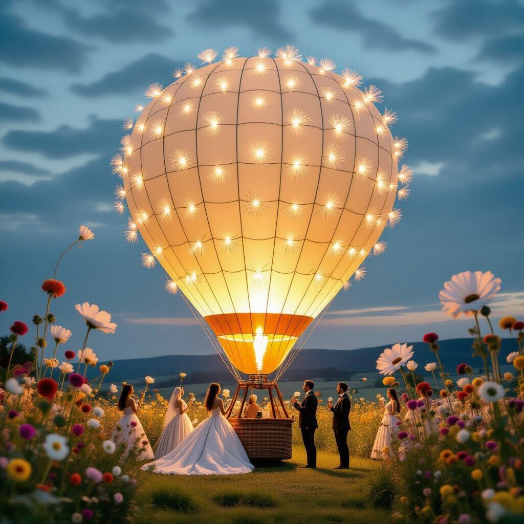 Dandelion Hot Air Balloon in a Surreal Landscape