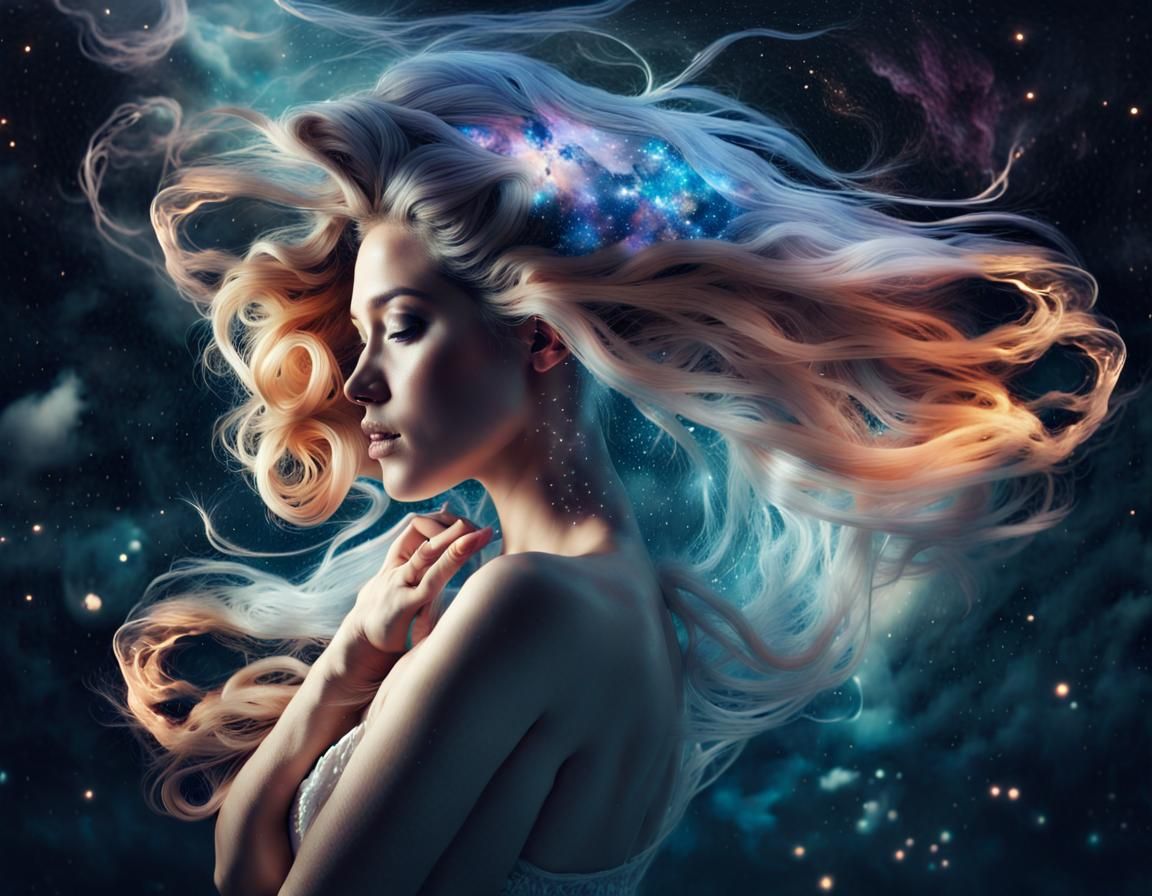 Surreal Double Exposure Portrait of Woman with Starry Hair