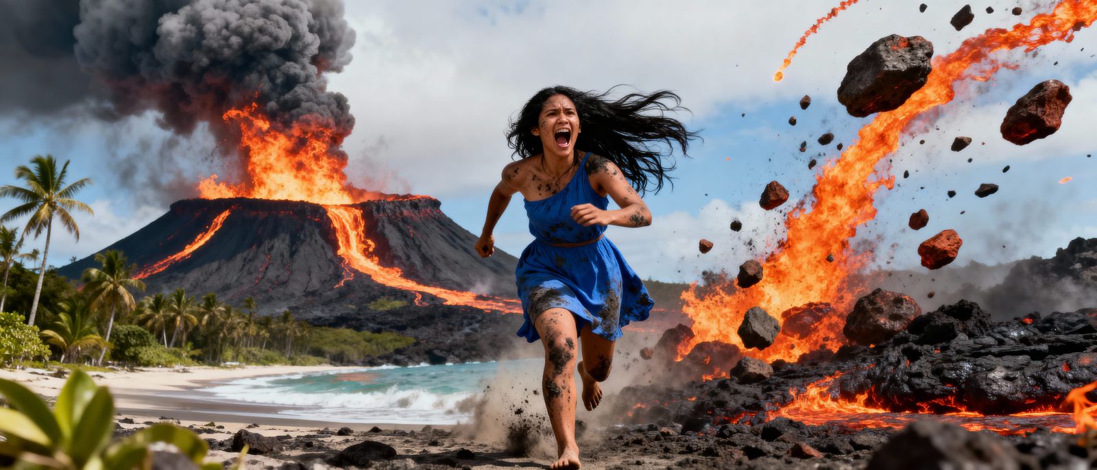 Volcano Eruption on Tropical Island, Woman Flees