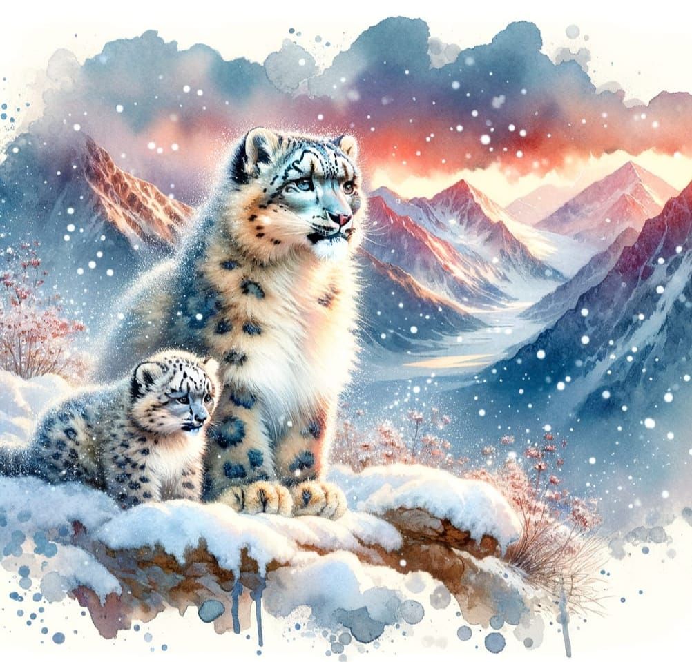 Romantic Watercolour Painting of Snow Leopard and Cub