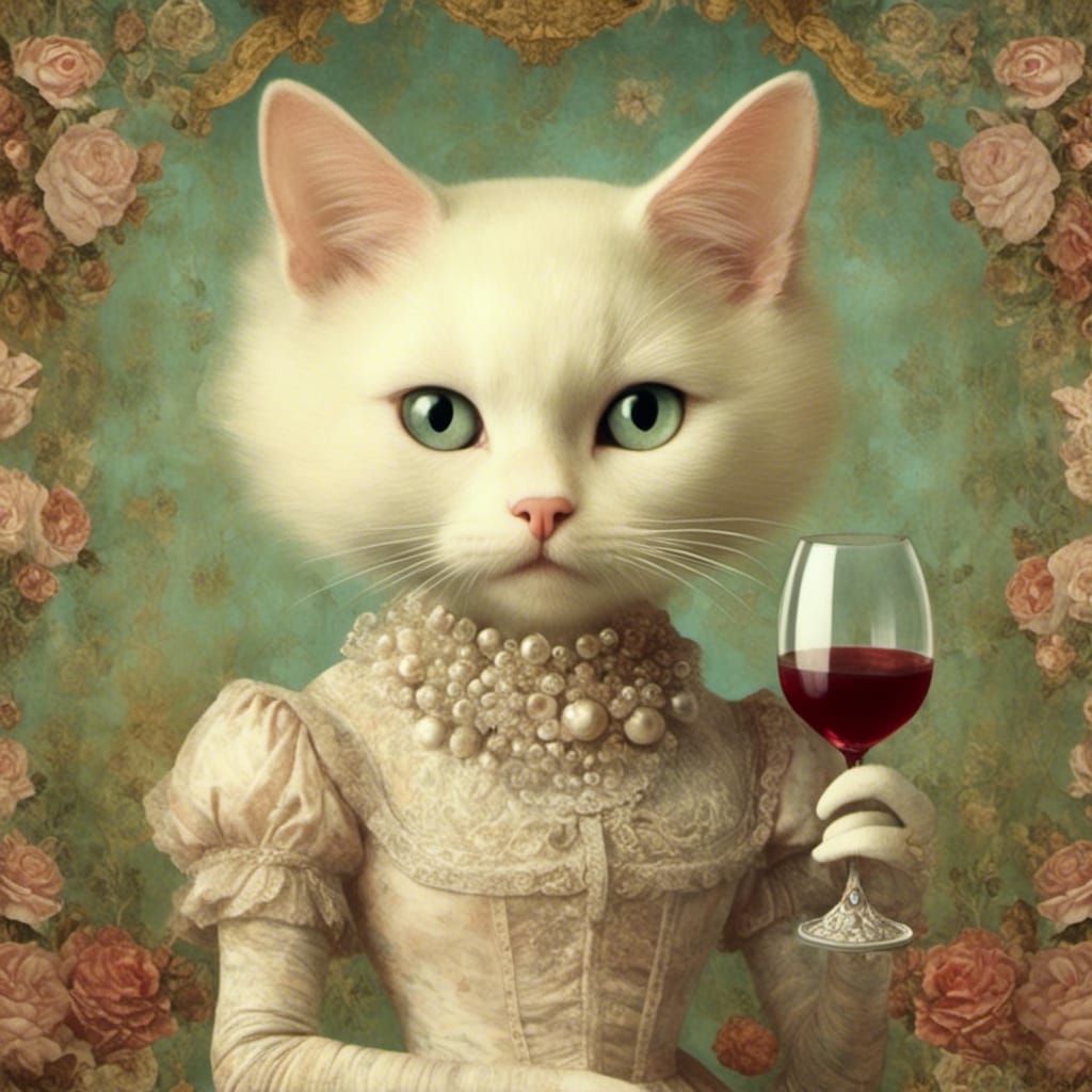 Cute Cat with Wine Glass in Dreamy Style