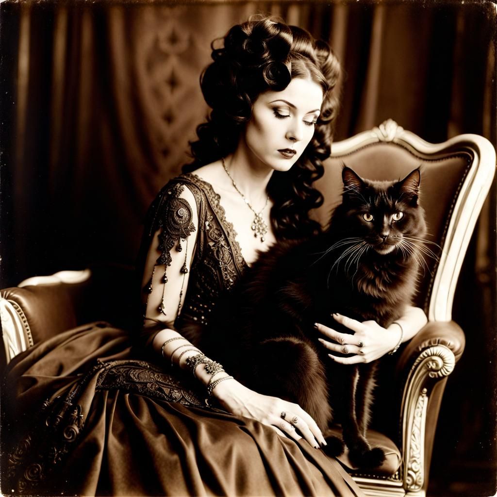 Gothic Woman with Cat: Silver Nitrate Sepia Photograph