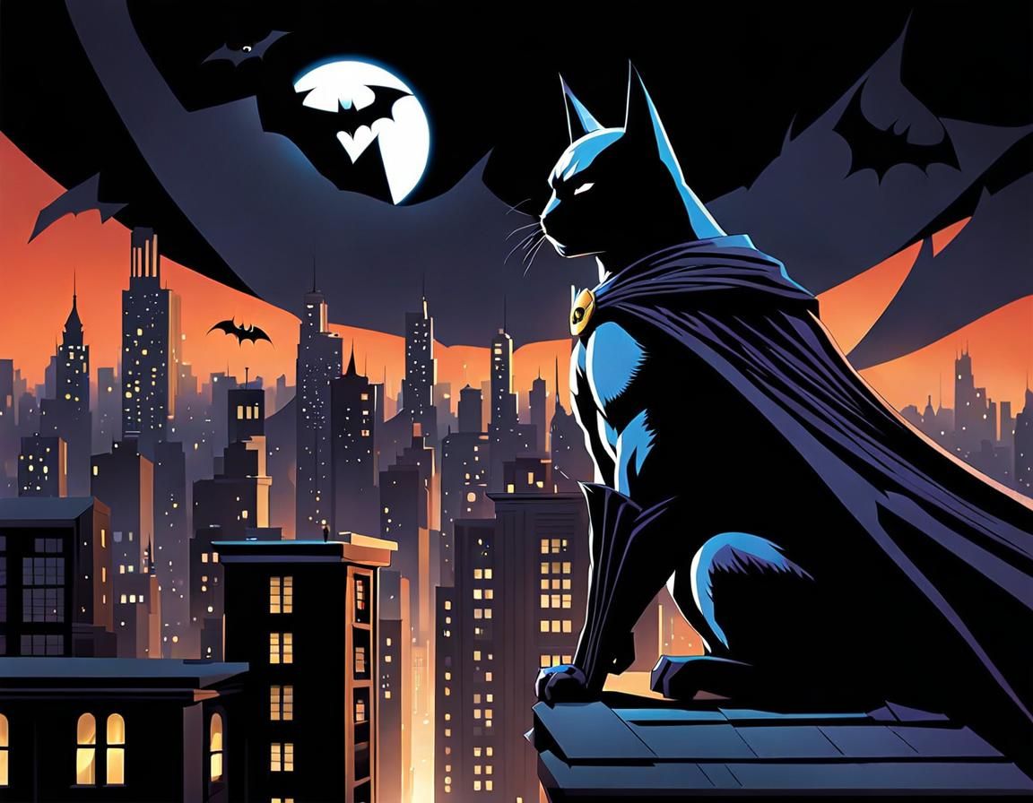 Batman-Cat Rescues Kitten: Playful Cinematic Illustration