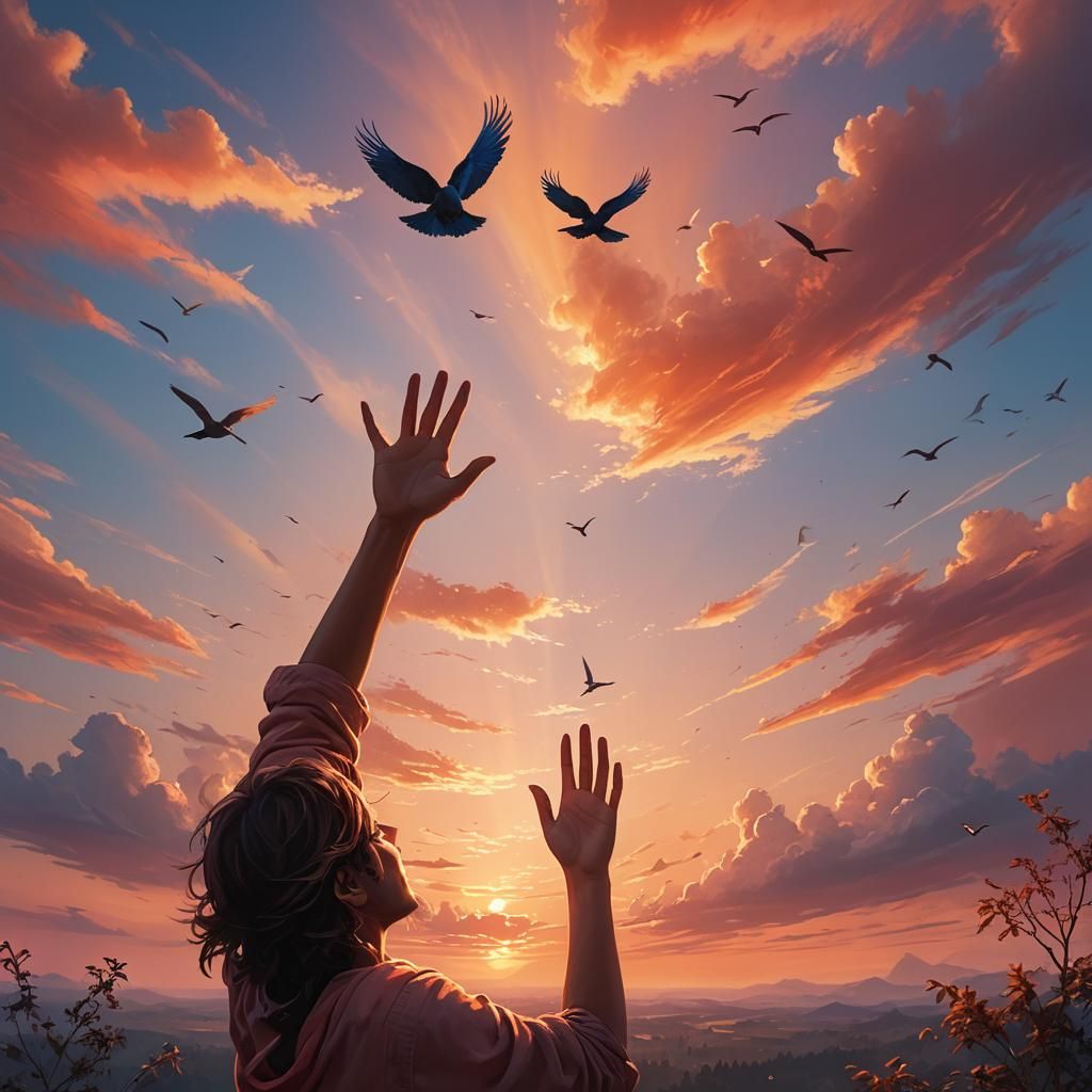 Person Reaching for Bird at Sunset in Art Nouveau Style