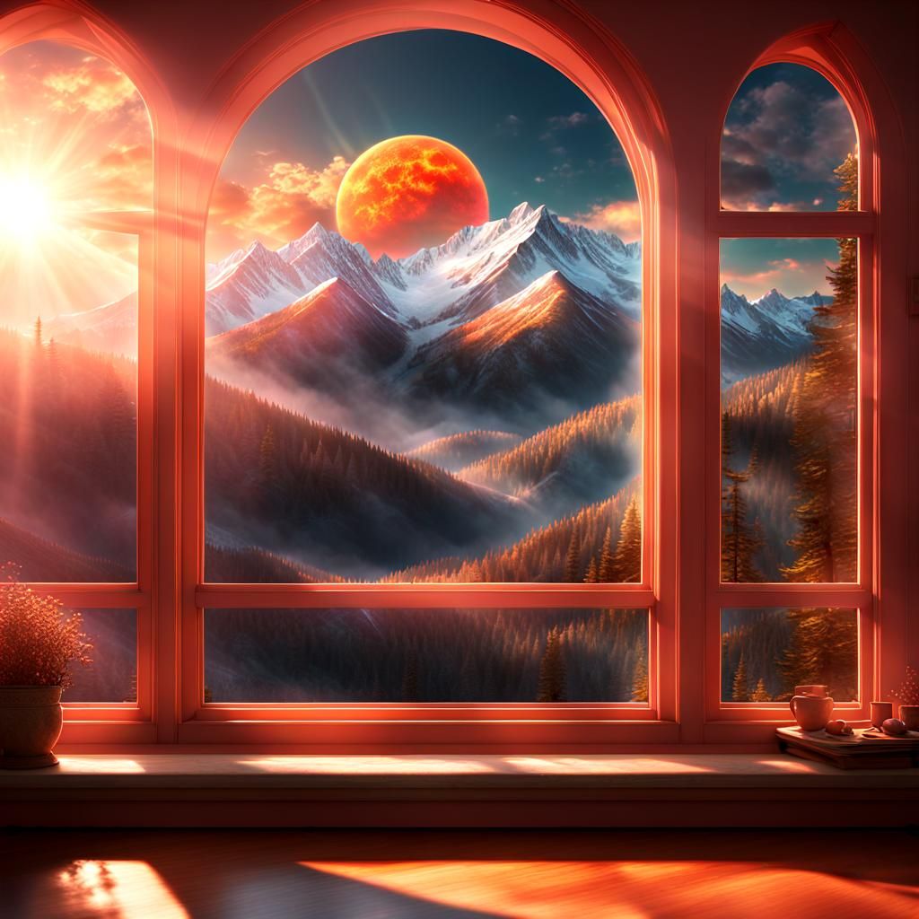 Salmon Sunset Cresting Mountain: Digital Matte Painting