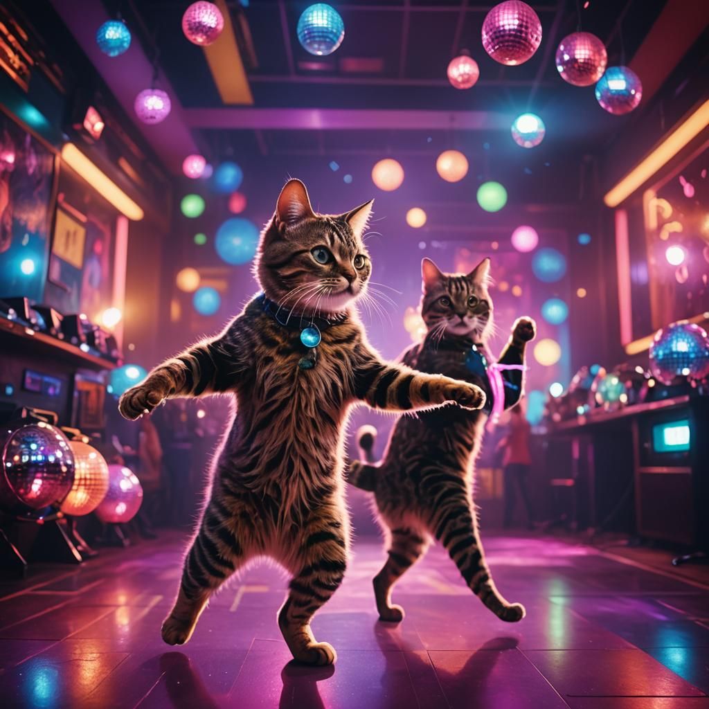 Cat Dancing in Disco Nightclub with Neon Lighting