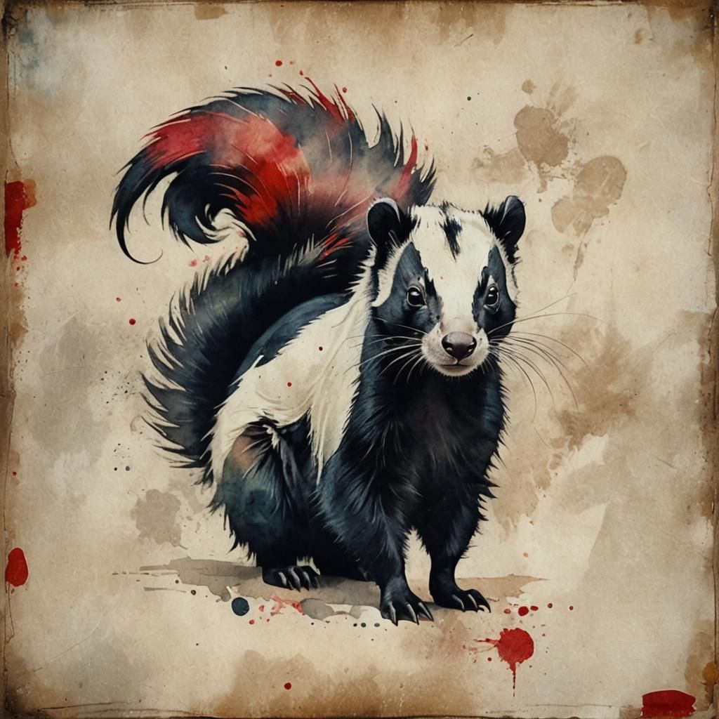 Colorful Skunk Portrait in Ink Wash Technique