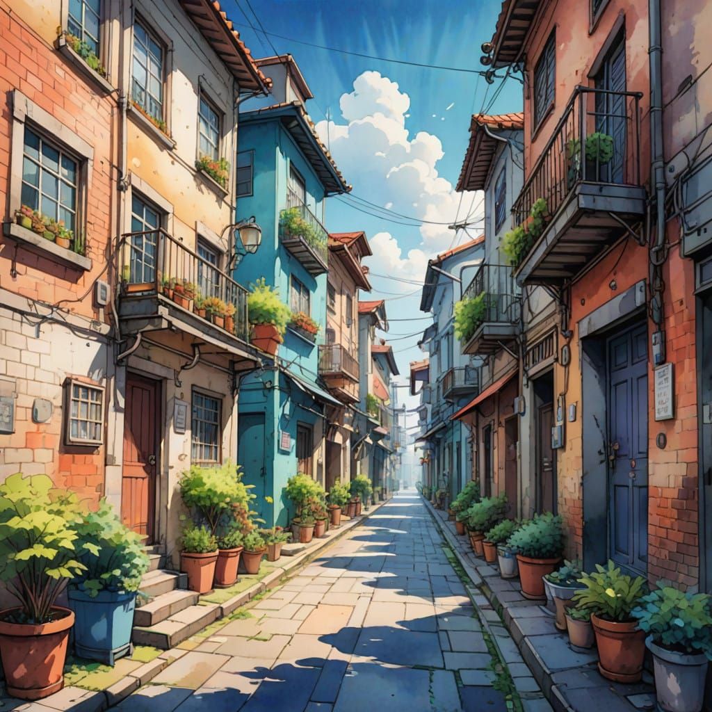 Whimsical Watercolor Street Scene in Anime Style