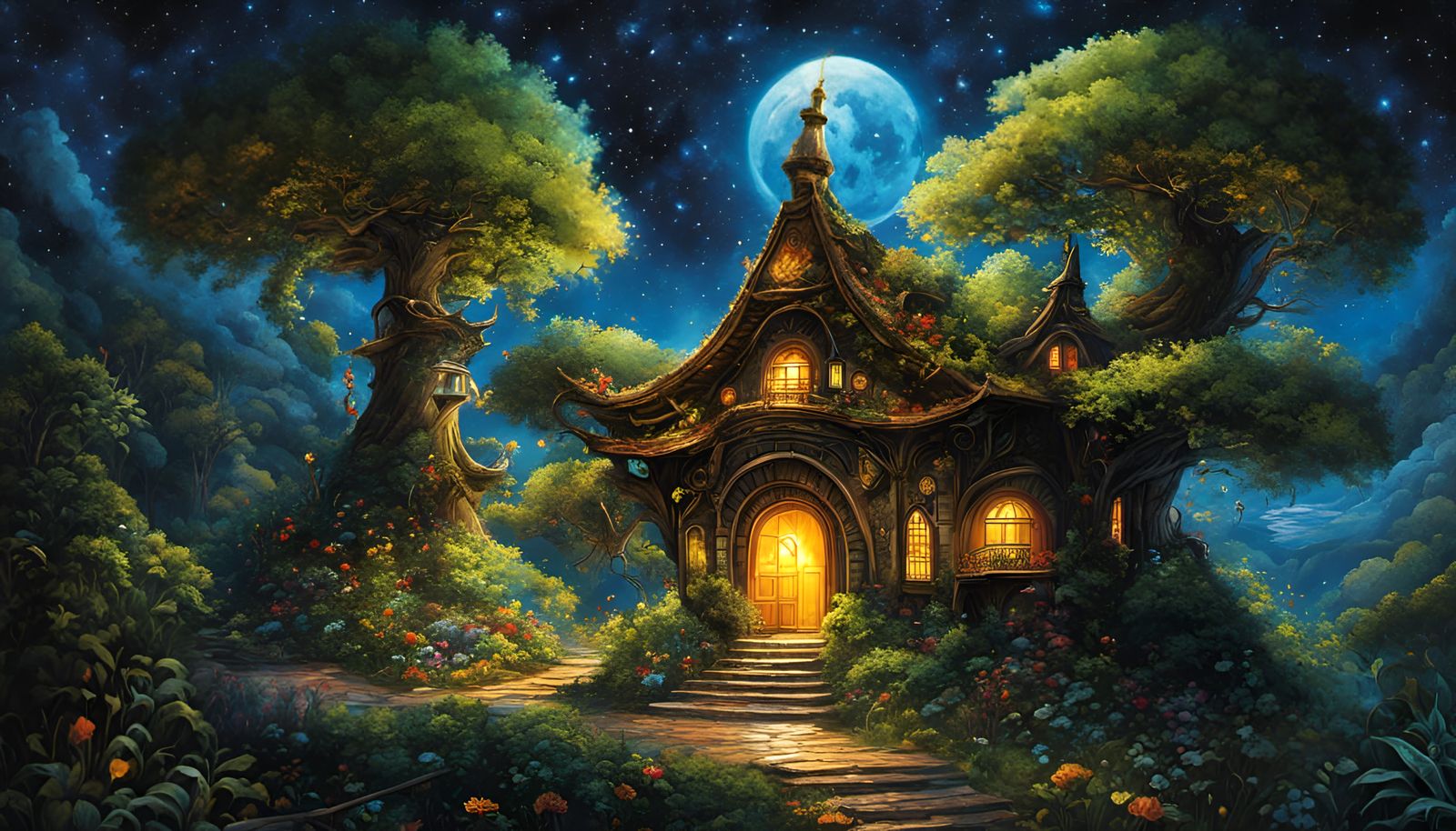 Enchanted Starry Night Wonderland in Gouache Style