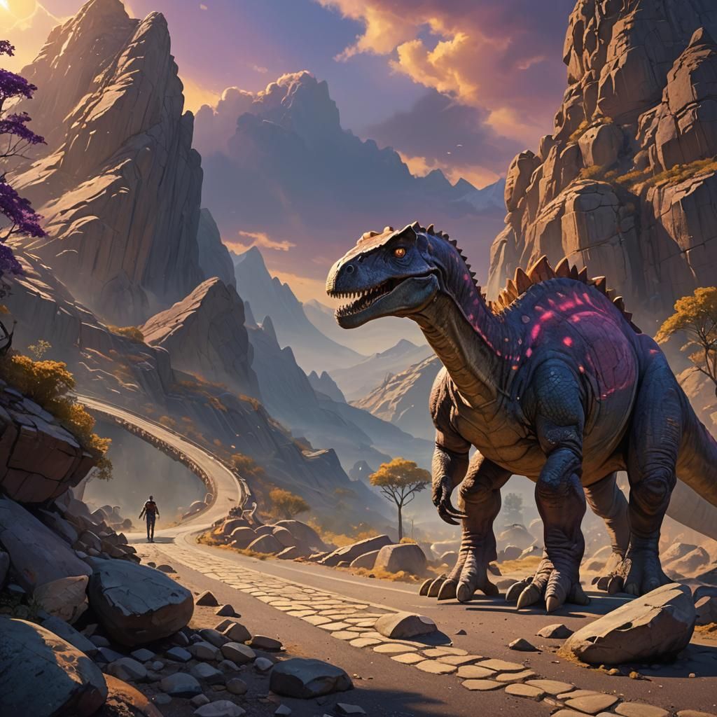 Giant Dinosaur on Fossil Road: Fantasy Concept Art