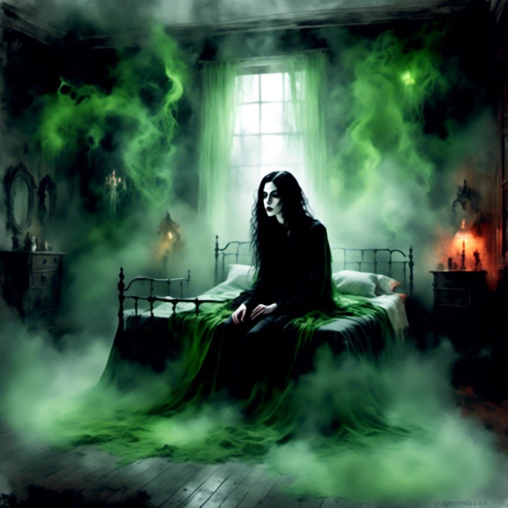 Nightmare Bedroom with Demons in Watercolor Style