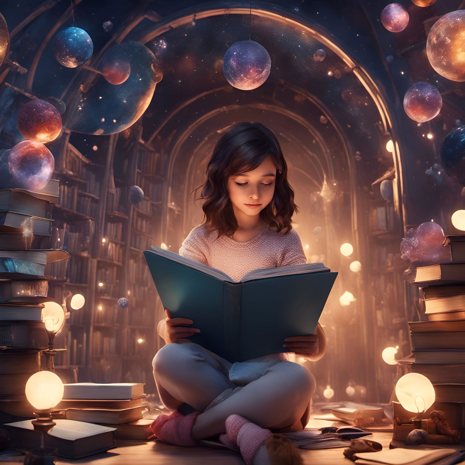 Girl Reading Book in Universe of Lights