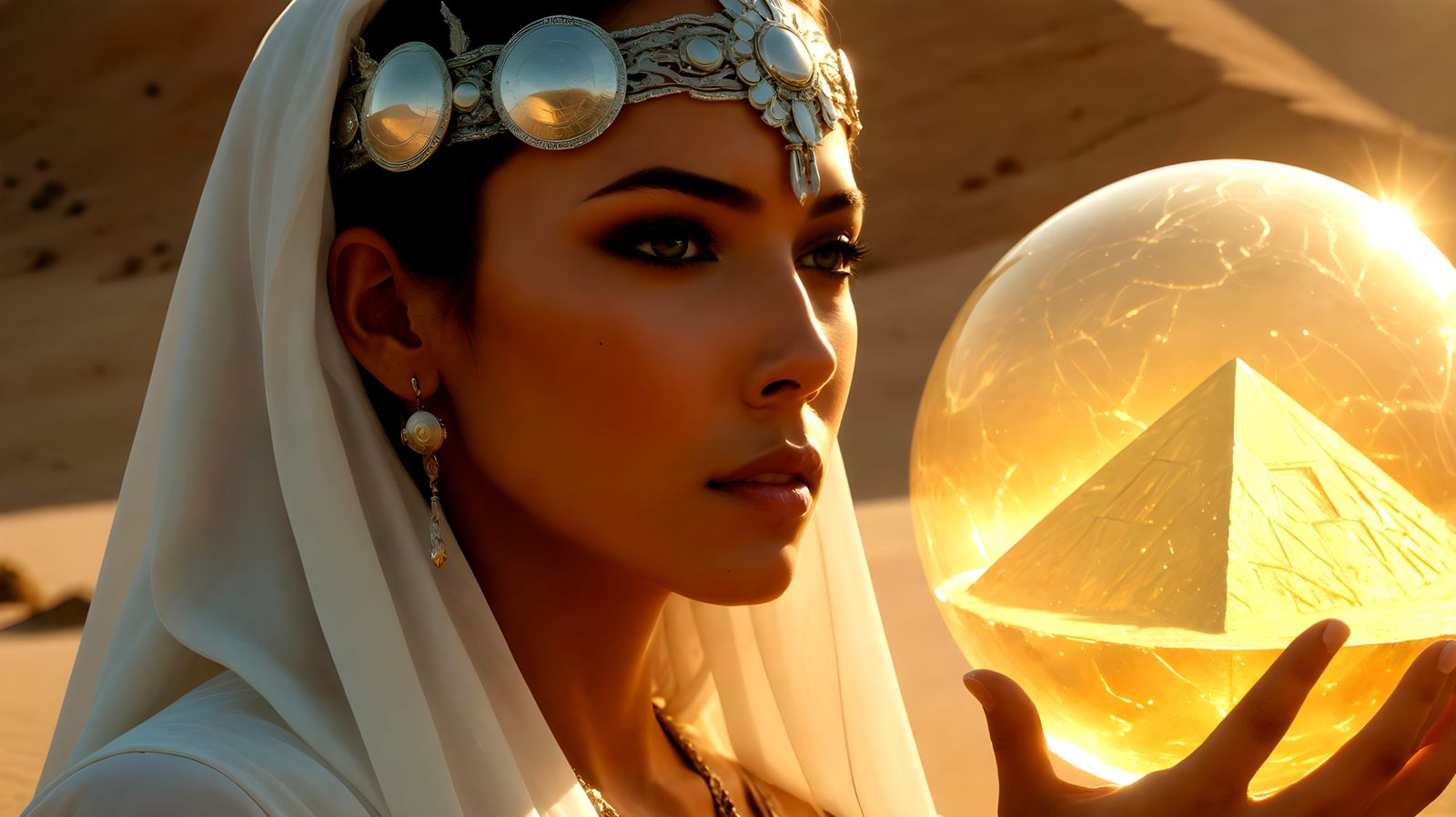 Mystical Woman with Desert Orb in Ultra-Realism