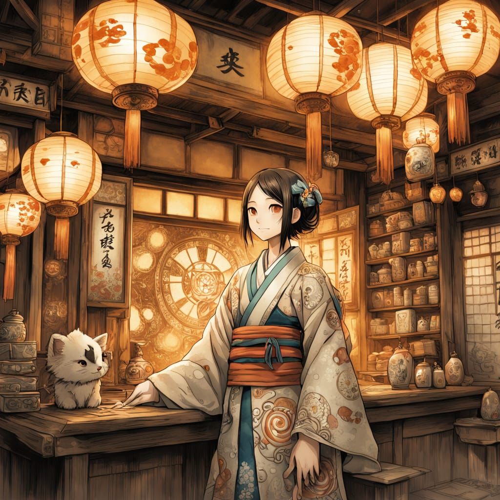 Surreal Portrait of a Japanese Enchantress in Whimsical Wate...