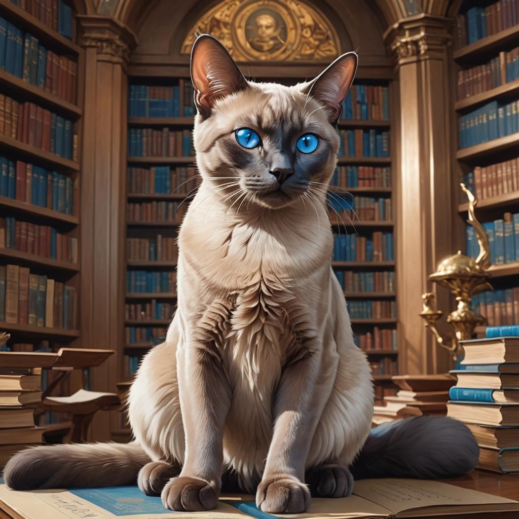 Elegant Library Cat Portrait in Hyperdetailed Style