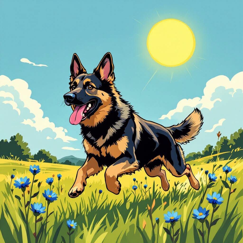 German Shepherd Runs Through Sunny Grassland in Comic Style