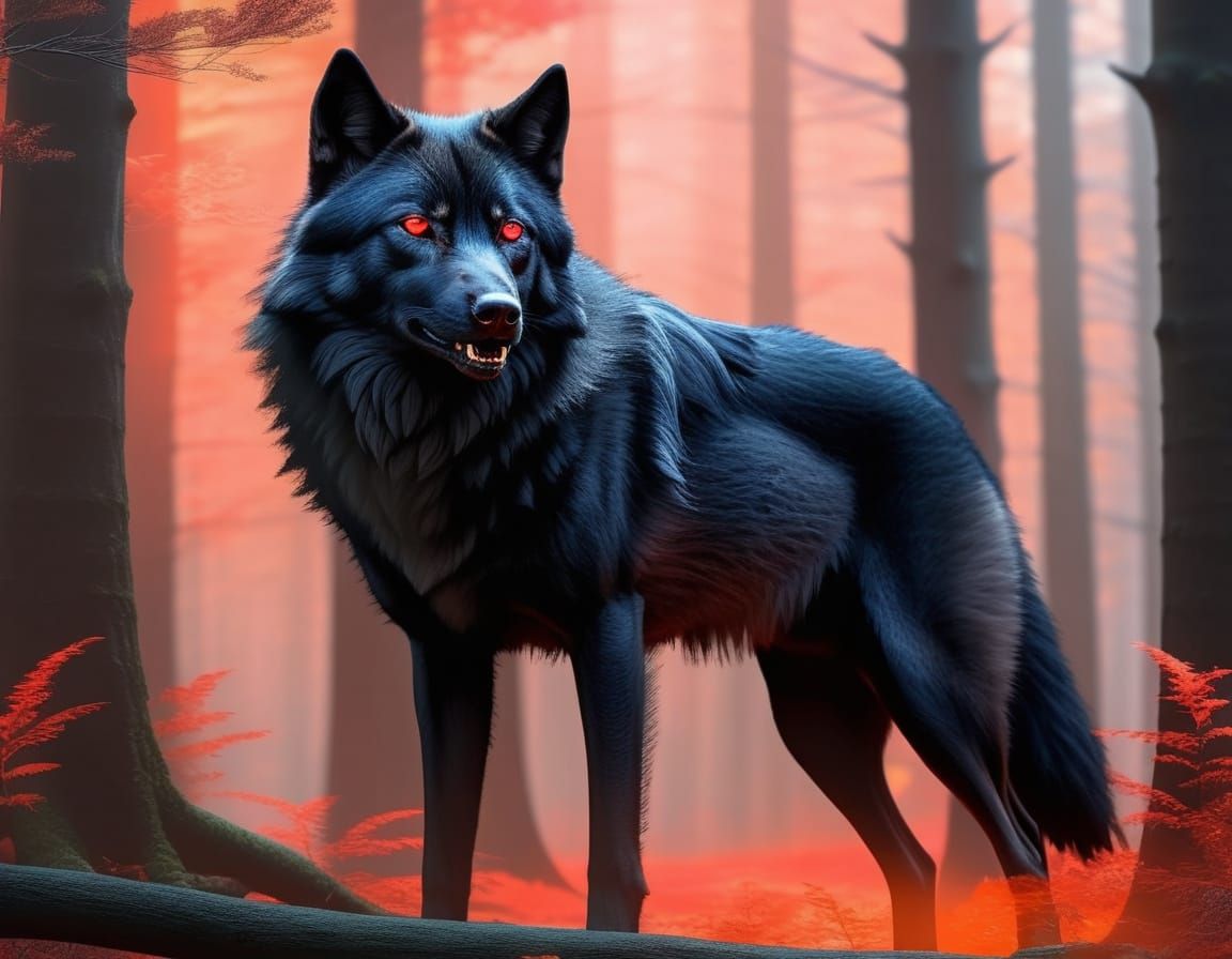 Mystical Black Wolf in Vibrant Forest: Concept Art