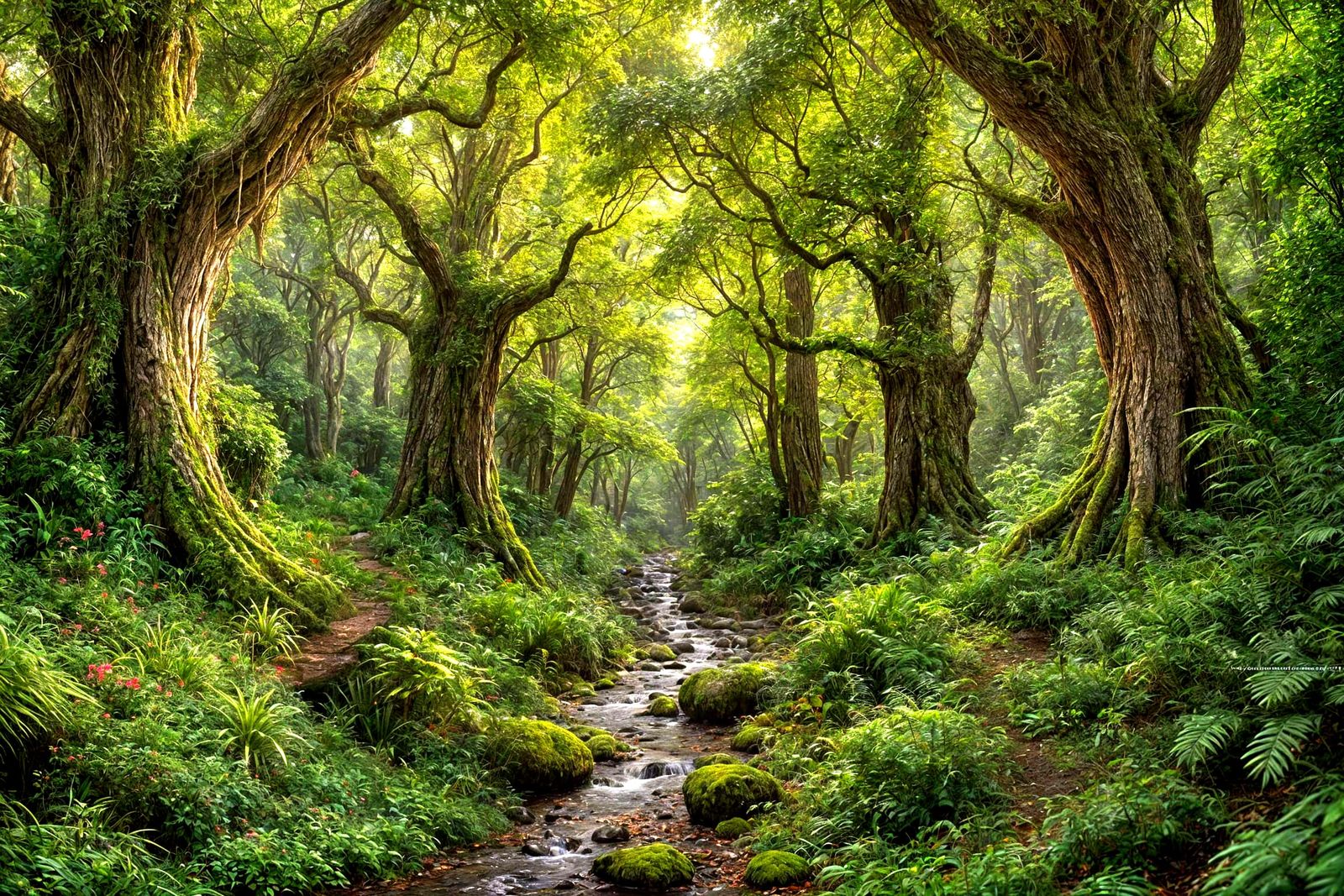 Hyperrealistic CGI Forest Landscape in Maximalist Style