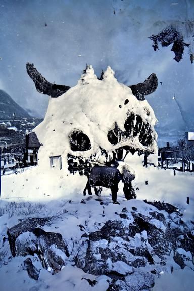 Cow Skull Monster Attacks Village in Snowstorm