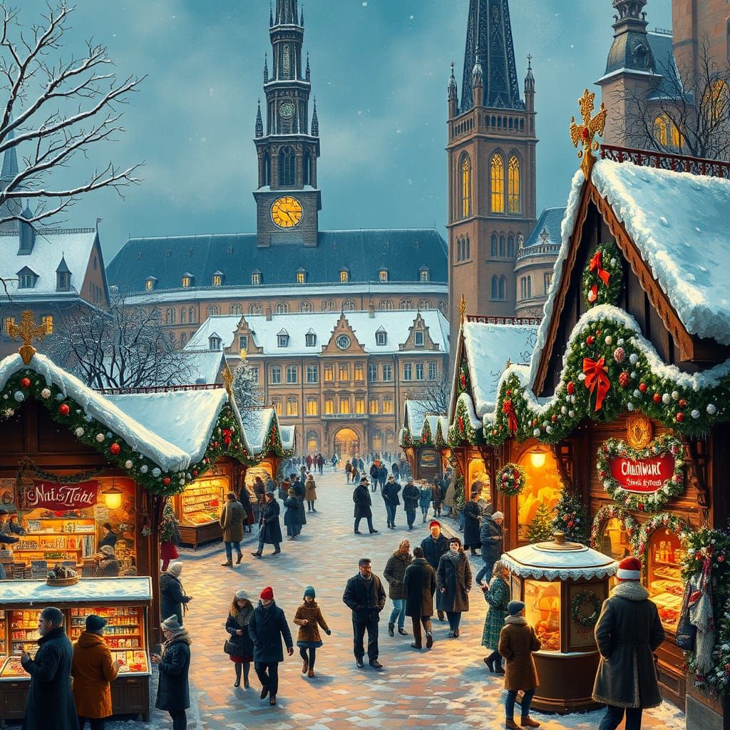 Traditional German Christmas Market at Night in Whimsical St...