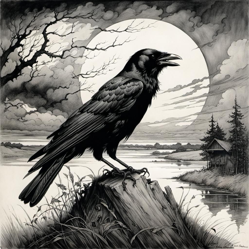 Arthur Rackham Style Crow in Storm Pencil Drawing
