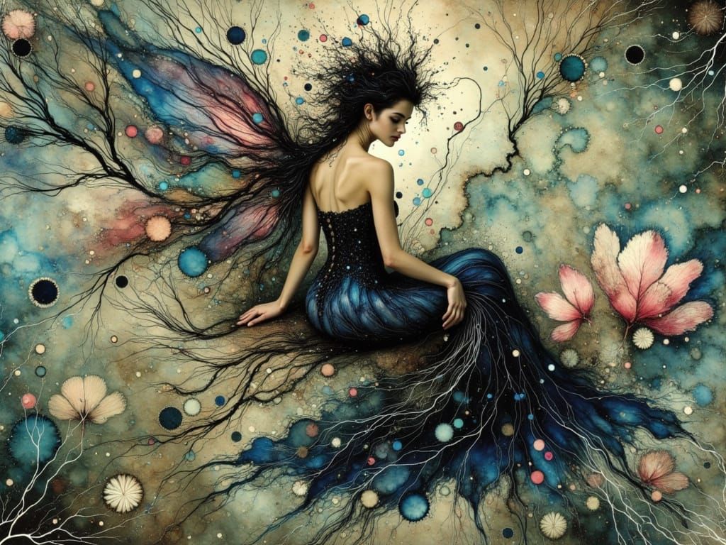 Dark Fairy on Waterlily in Mystical Style