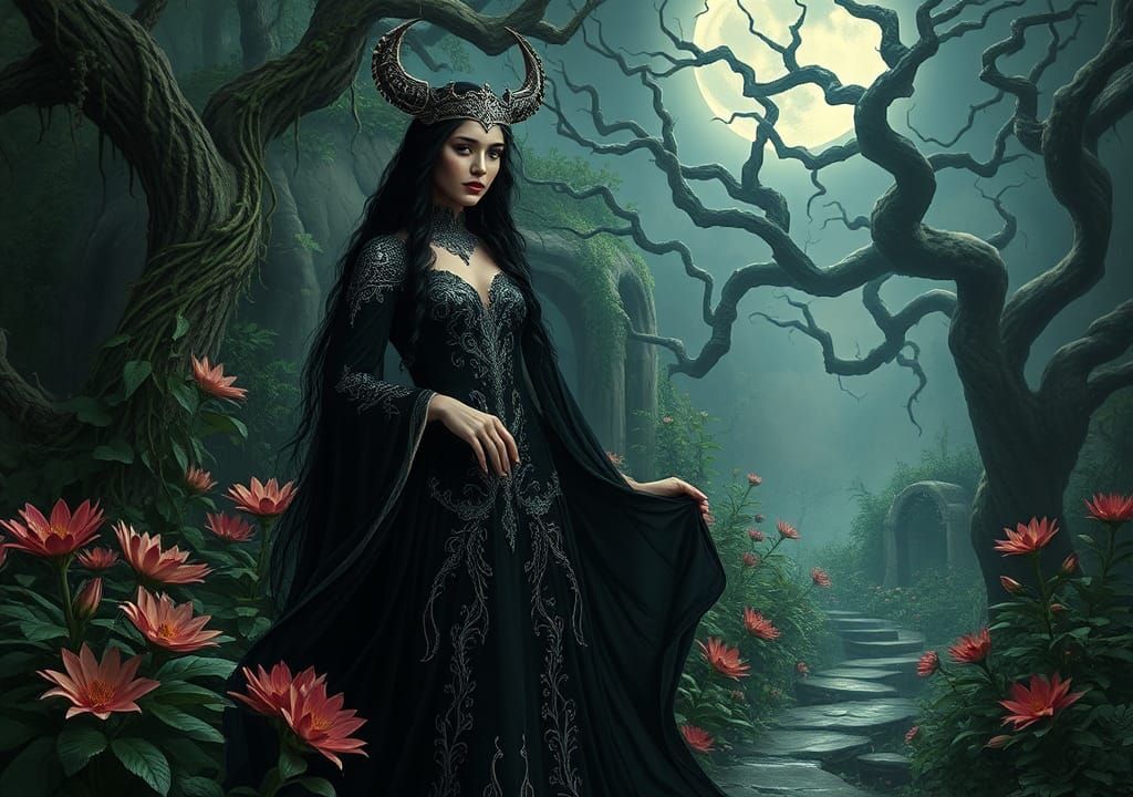 Hecate in Moonlit Garden: Pre-Raphaelite Mysticism