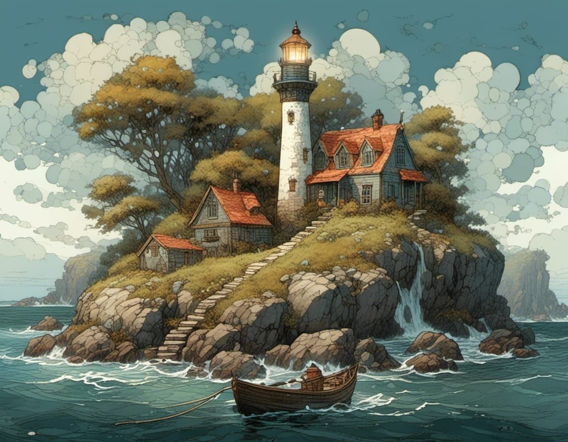 Lighthouse on Island with Cottages: Whimsical Concept Art