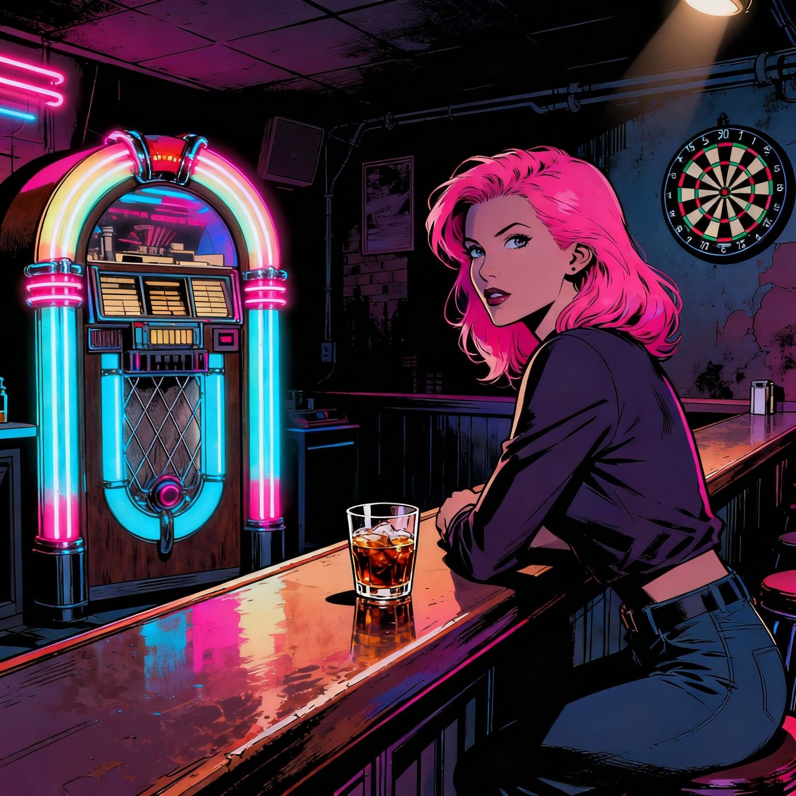 Woman at Neon Bar with Jukebox, Comic Book Style