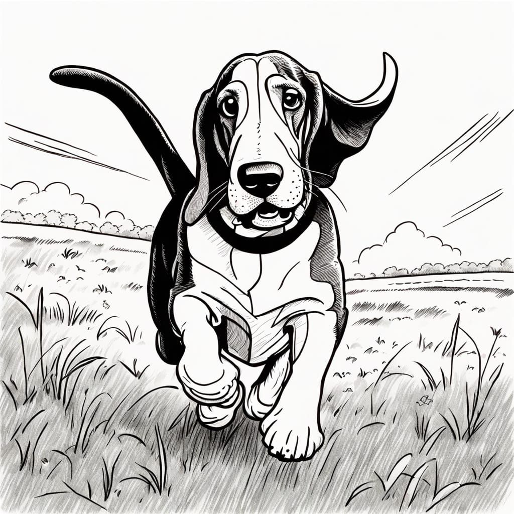 Cartoon Basset Hound Running in Field