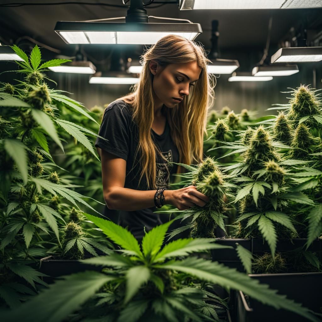 Ellie Williams Grooms Cannabis Plants on Indoor Farm