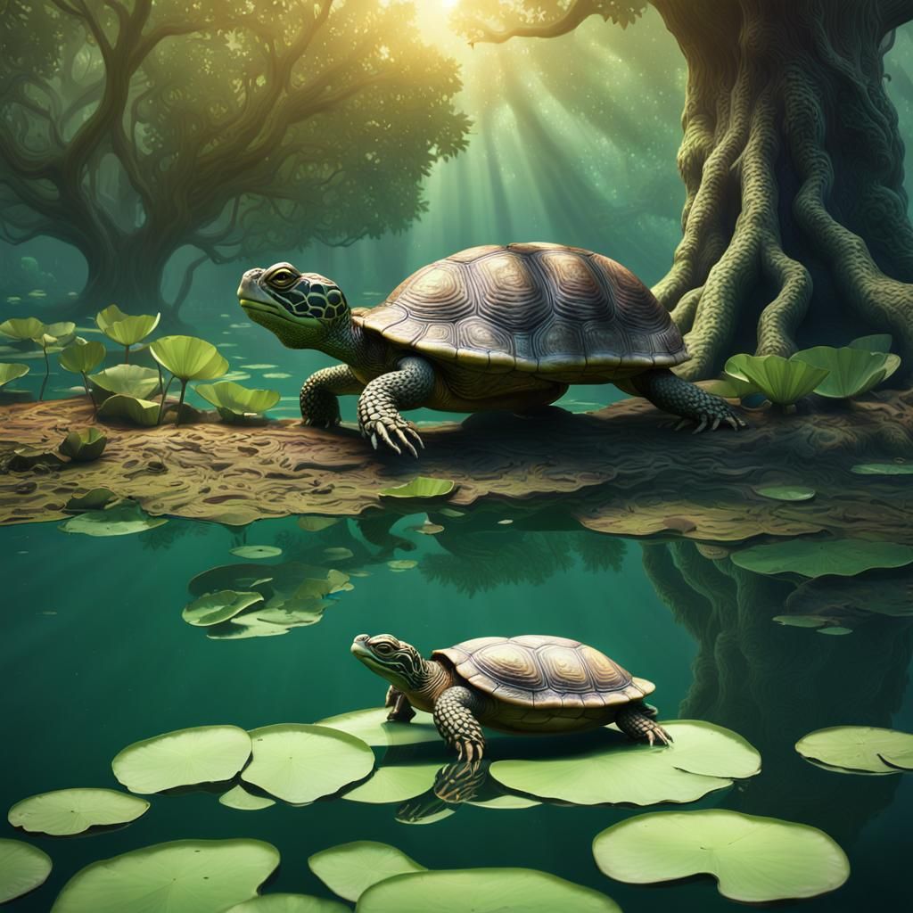 Turtle Gazing at Tree in Serene Pond