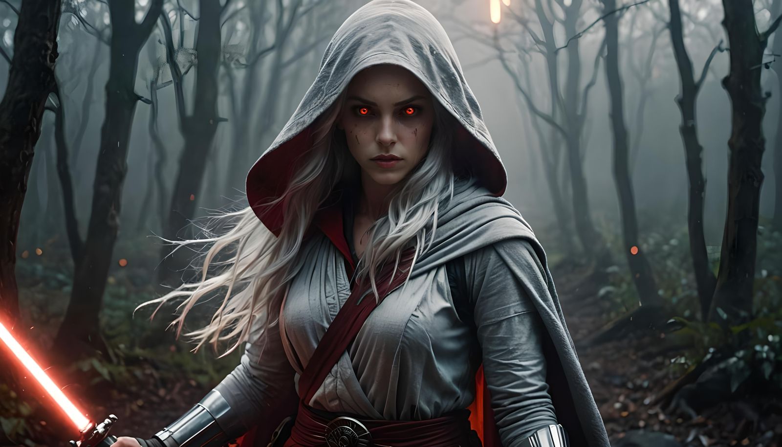 Silver Hooded Woman with Lightsaber, Hyperrealistic