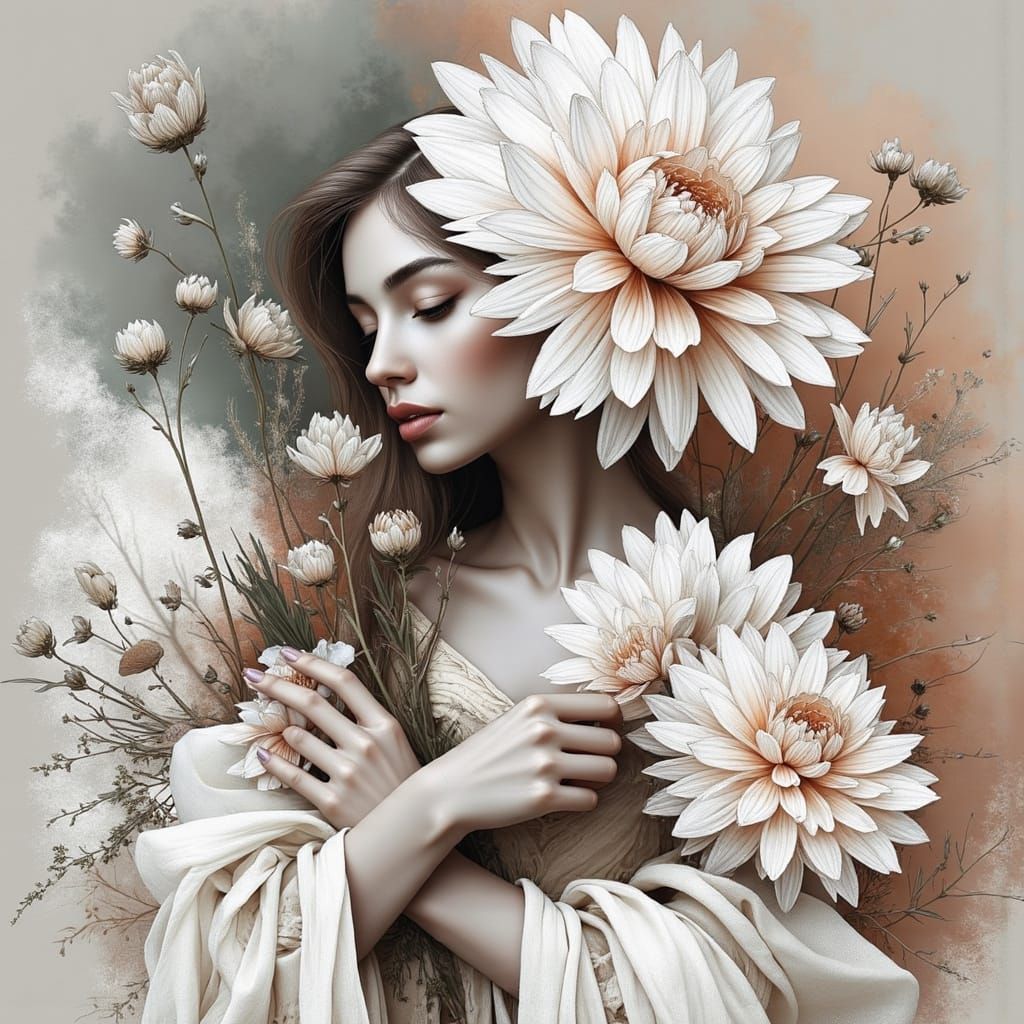 Woman Surrounded by Flowers in Art Nouveau Style