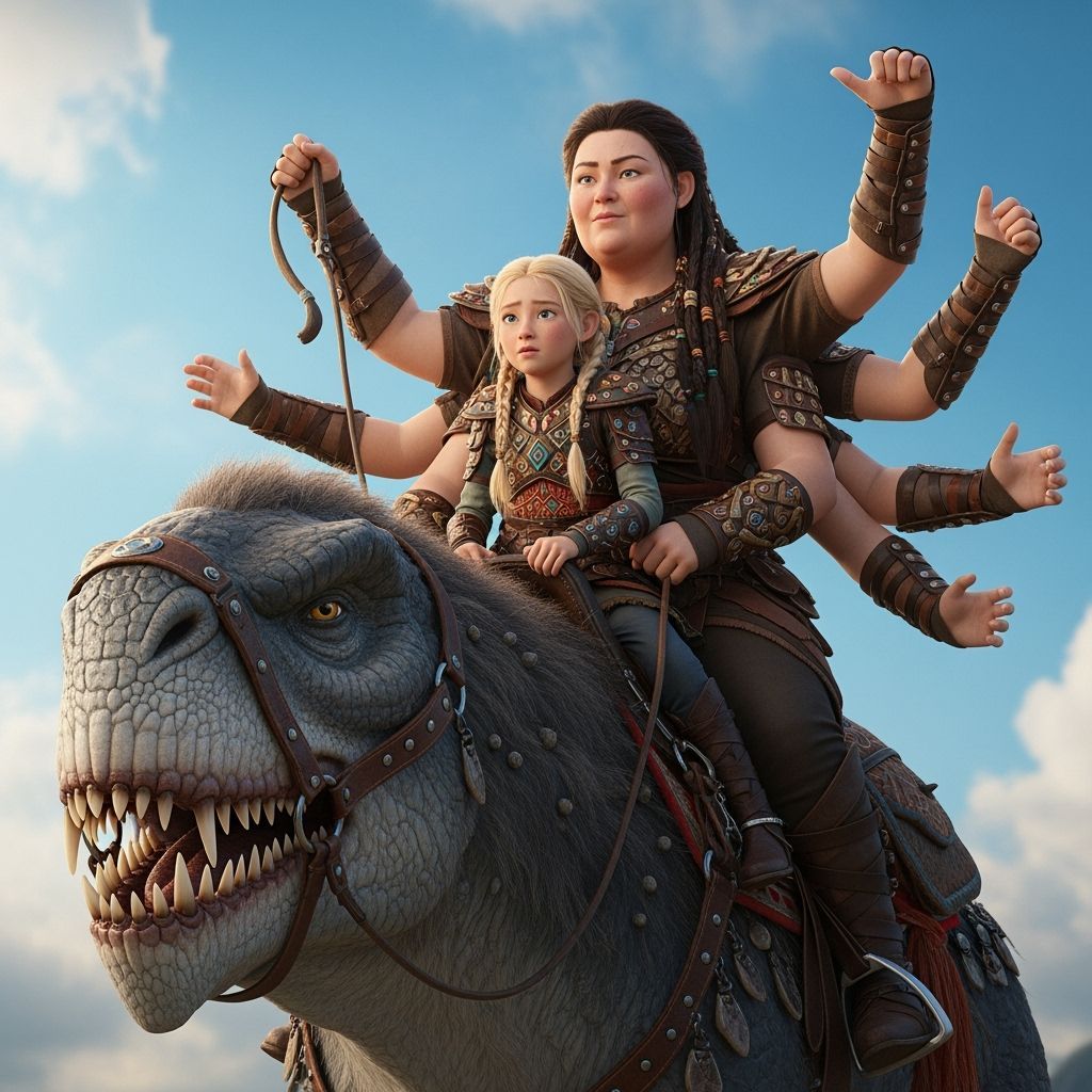 Woman and Daughter Ride Prehistoric Beast