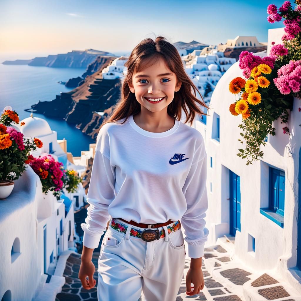 Hyper-Realistic Portrait of Girl in Santorini Setting