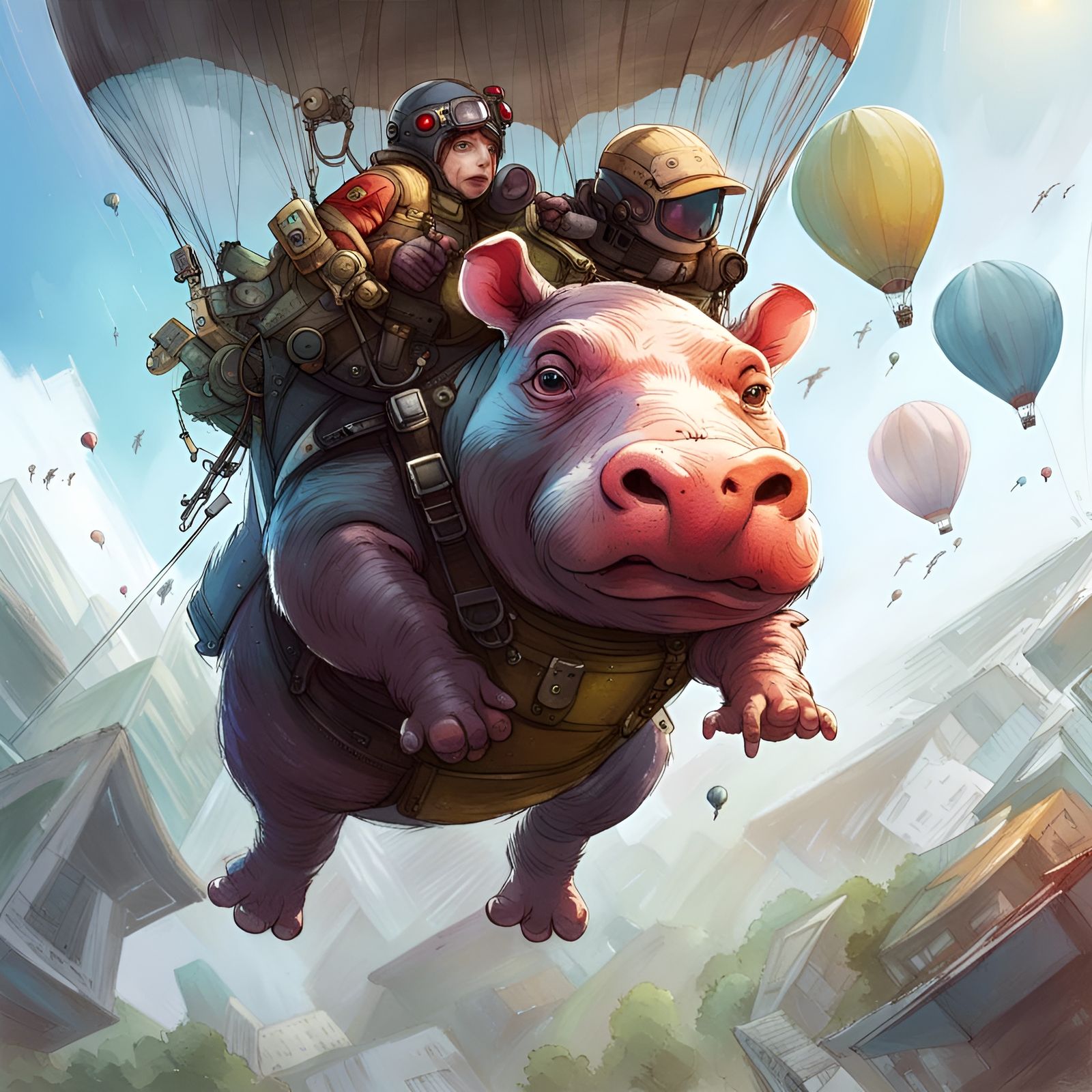 Chibi Hippopotamus Skydiving: Detailed Digital Illustration