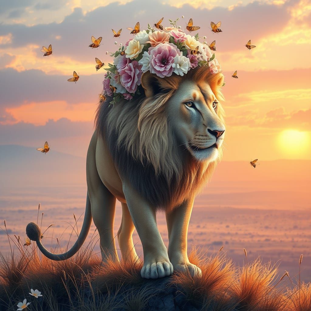 Lion with Floral Mane Overlooking Savanna Sunset
