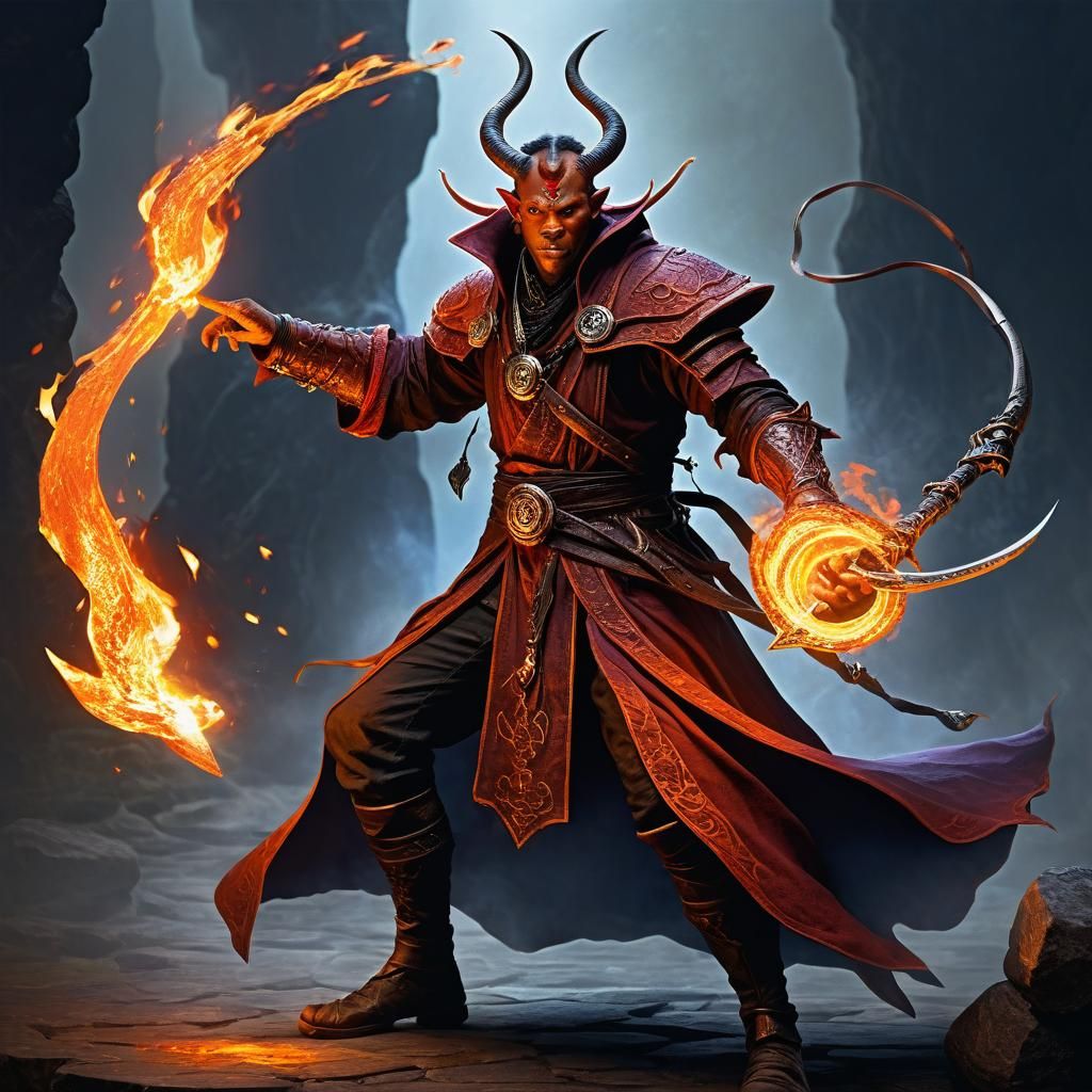 Tiefling Sorcerer Conjuring a Fiery Blade