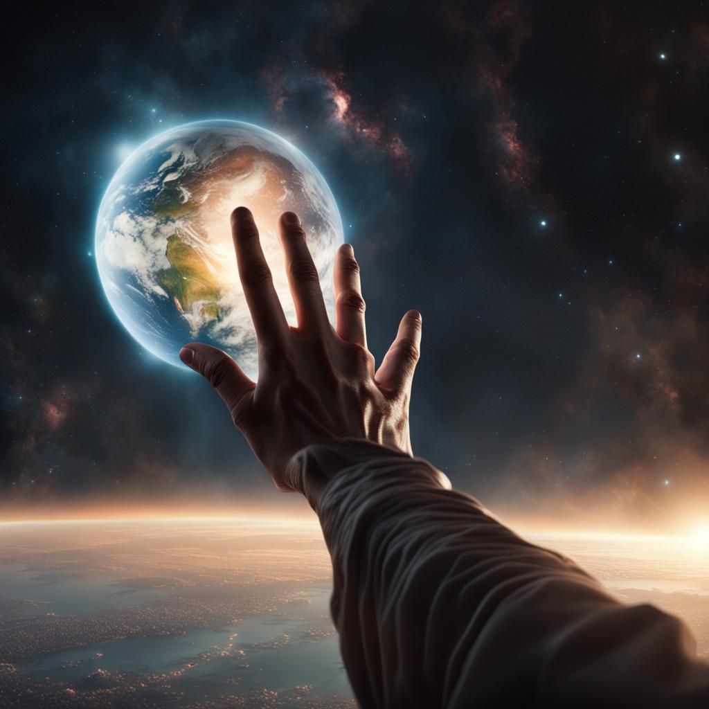 Cosmic Hand Points to Earth: Epic Digital Art