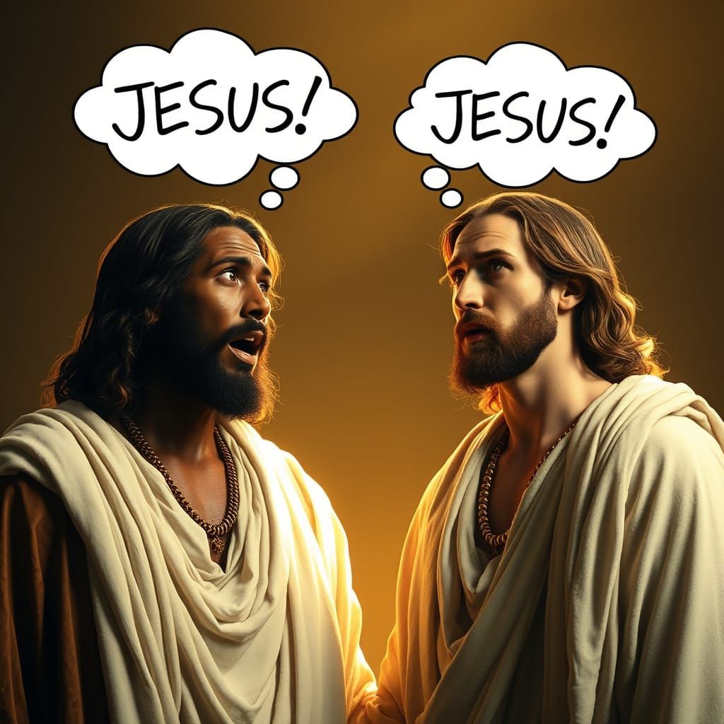 Two Jesuses Confront Each Other in a Golden-Lit Scene