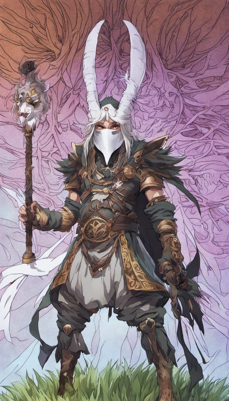 Fantasy Druid with Mask in Anime Style
