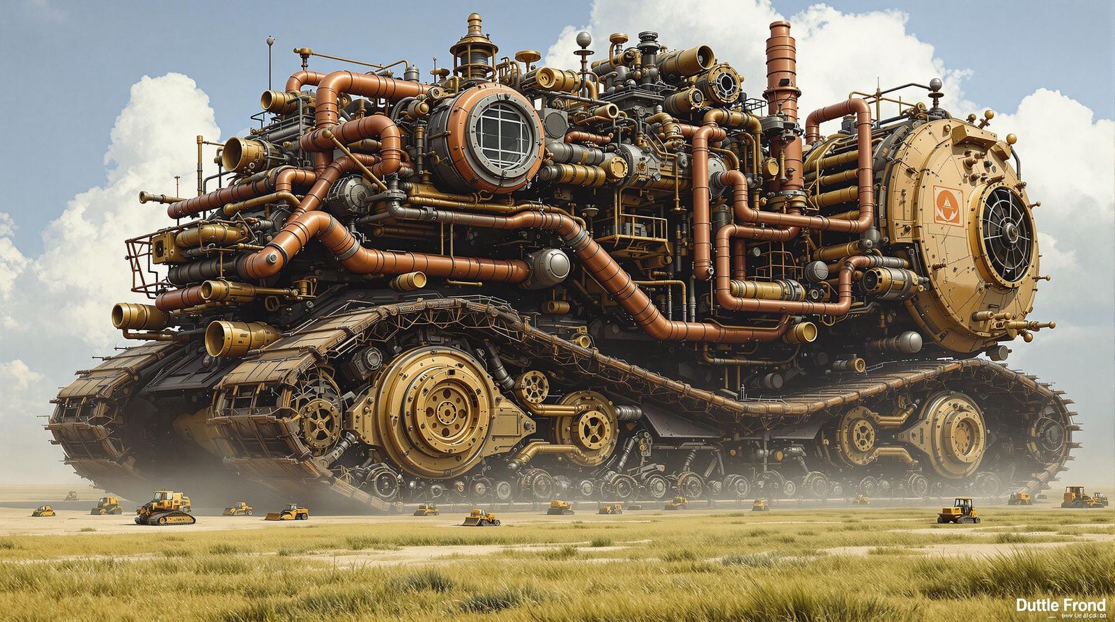 Gigantic Steampunk Mining Machine on Grassland